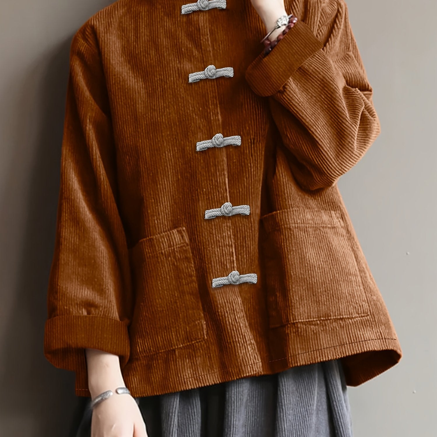 Plus-Size Women's Long Sleeve Top for Spring and Fall Casual Solid Color with Pocket