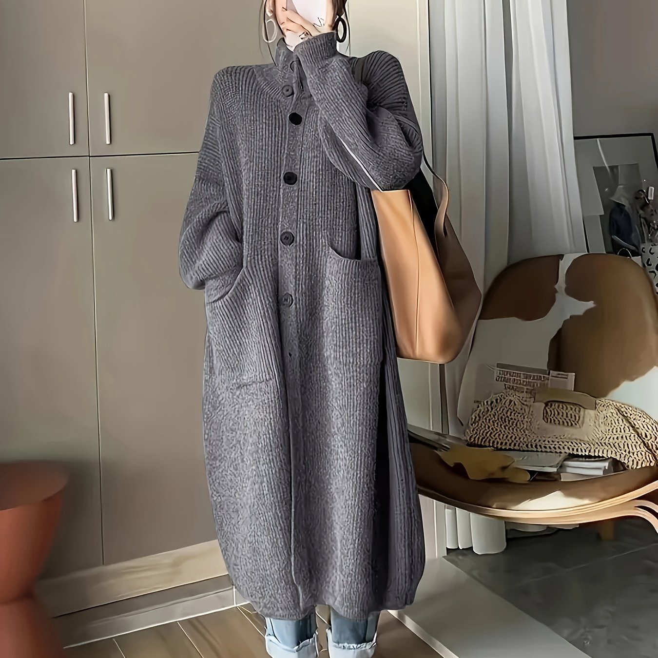 Plus Size Gray Knit Cardigan for Women Casual Fall Winter Long Sleeve Pockets Stand Collar