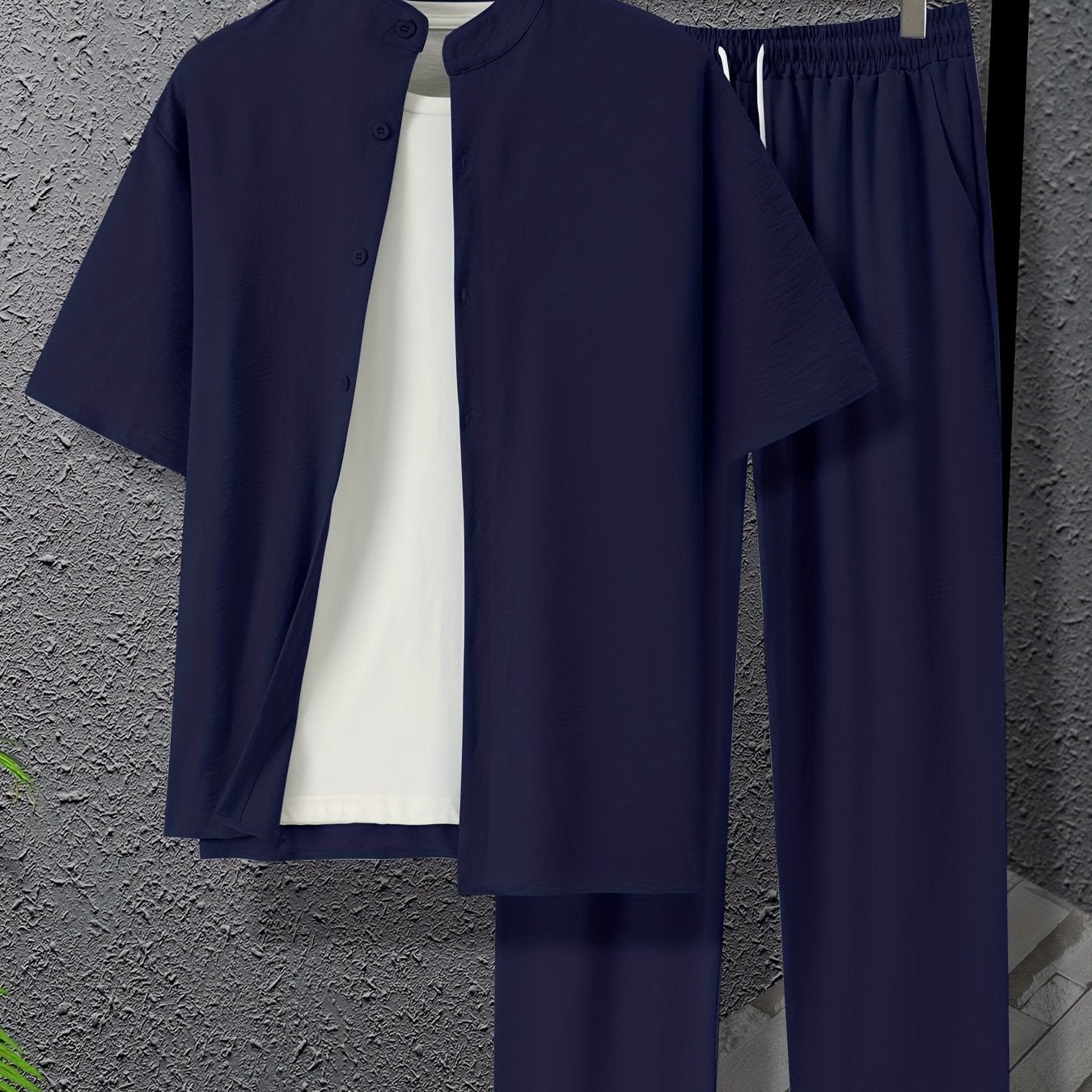 Conjunto de camisa de botones con cuello band y pantalones con cordón de talla grande para hombres, ideal para deportes y ocio