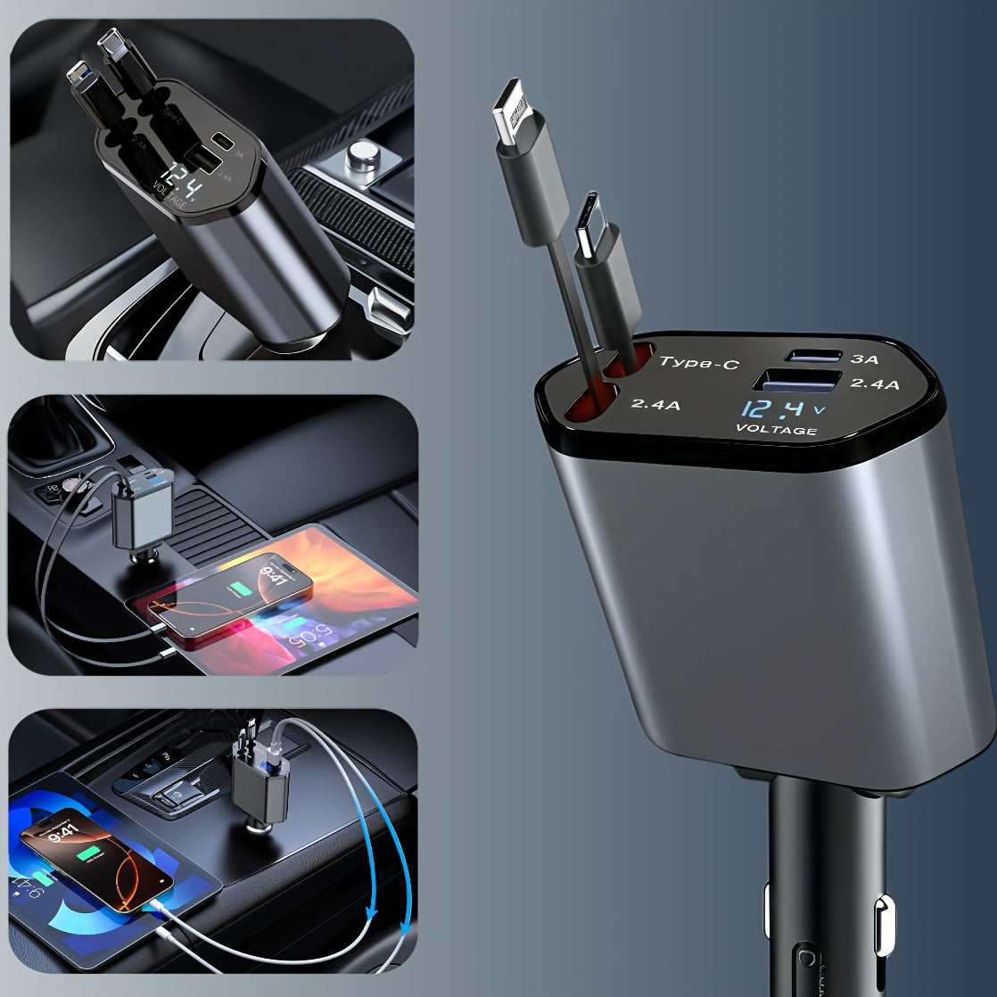 4-in-1 Retractable Car Charger with 66W PD QC3.0 and 2.6ft Cable