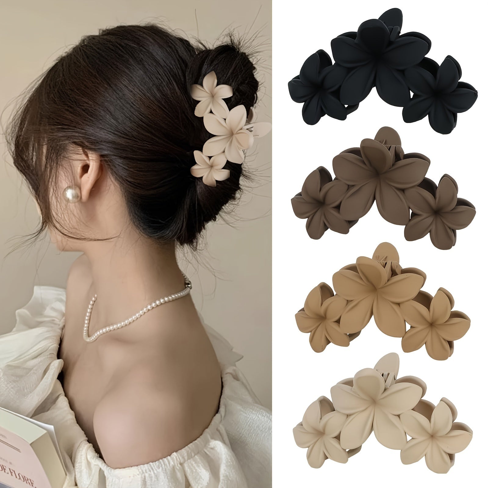 Set of 4 Vintage-Style Matte Flower Hair Clips Large Floral Hair Claws for Women