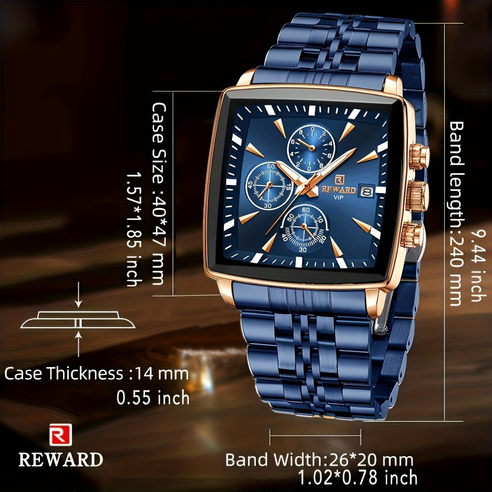 Men's Luxury Watch Blue Rectangle Quartz Wristwatch with Luminous Hands
