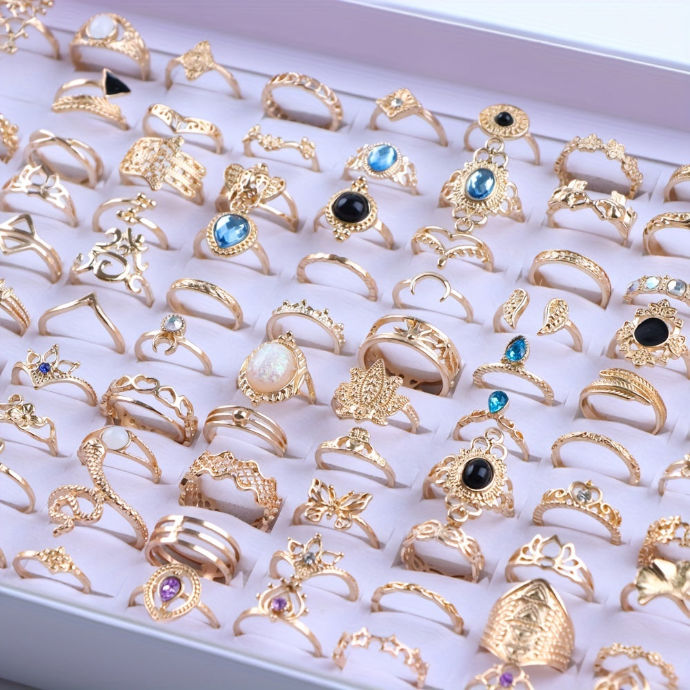 50pcs Zinc Alloy Rhinestone Fashion Rings Set for Women Simple Mix Style All Seasons