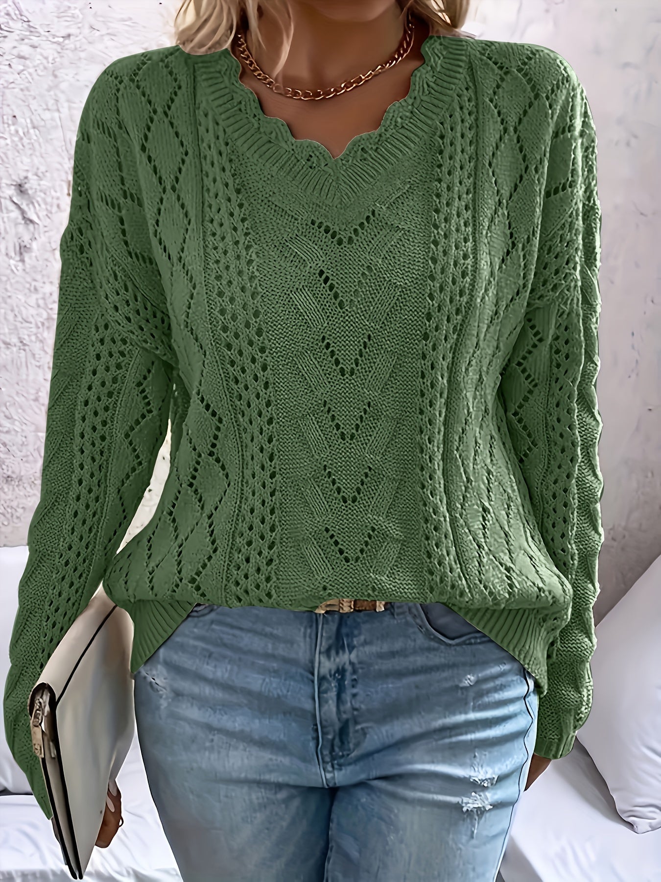 Women's Plus Size Sweater V-Neck Long Sleeve Floral Trim Jumper