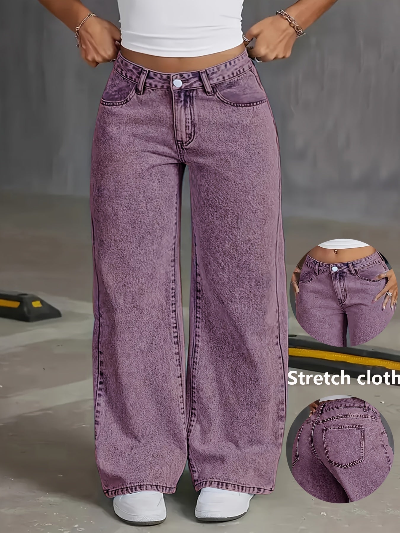 Jeans de mezclilla elástica de talla grande para mujer, de tiro alto y pierna recta, color morado
