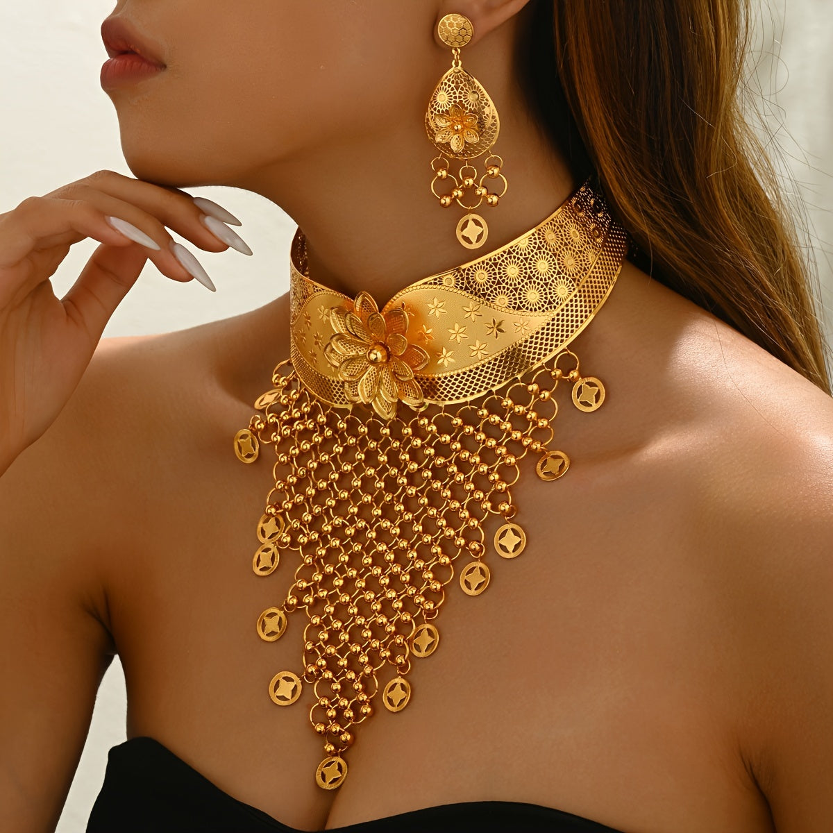 3-Piece Jewelry Set with Flower Choker and Tassel Drop Earrings for Weddings and Events