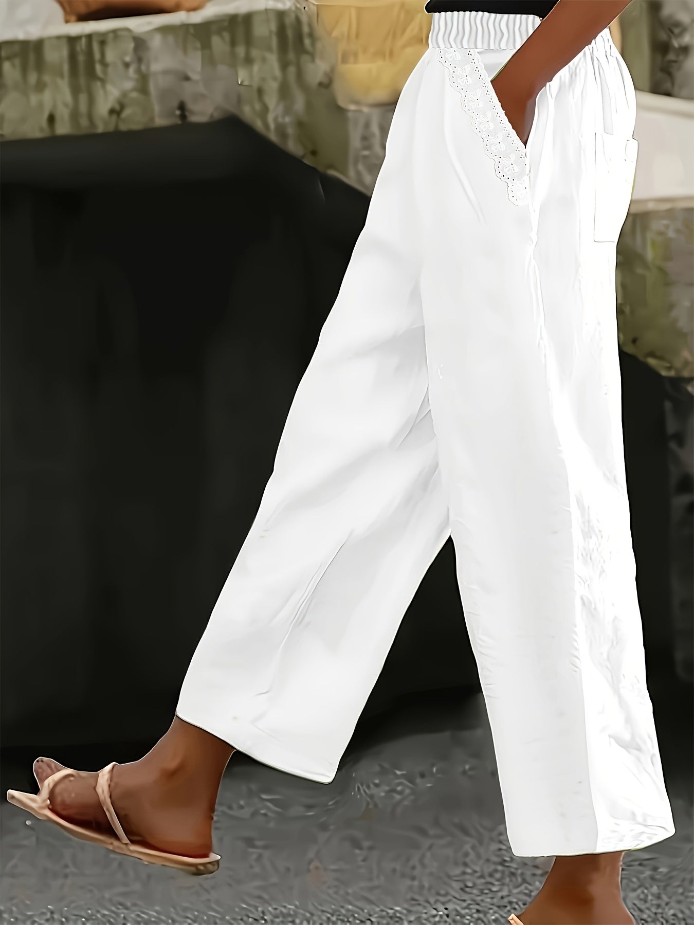 Pantalones de pierna ancha de talla grande con bolsillos con ribete de encaje, color sólido, casual, para todas las estaciones