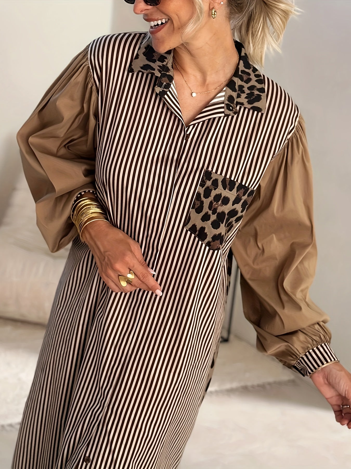 Шикарное платье макси с леопардовым принтом и полосками для женщин с дизайном в виде кошачьих ушей, длинными рукавами, застежкой на пуговицы, легкий полиэстер, можно стирать в машине.