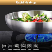 Premium zanglamas po'latdan yasalgan uchta o'lchamdagi qovurish panasi, bir xil issiqlik taqsimoti uchun uch qatlamli asos bilan, ergonomik tutqich va yopishmaydigan qoplama bilan - barcha plitalar uchun mos, tozalash oson.