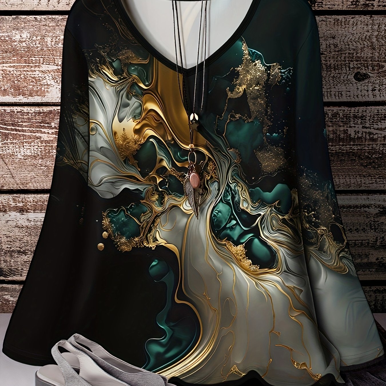 Women's Plus Size V-Neck T-Shirt All-Over Print Polyester Knit Long Sleeve