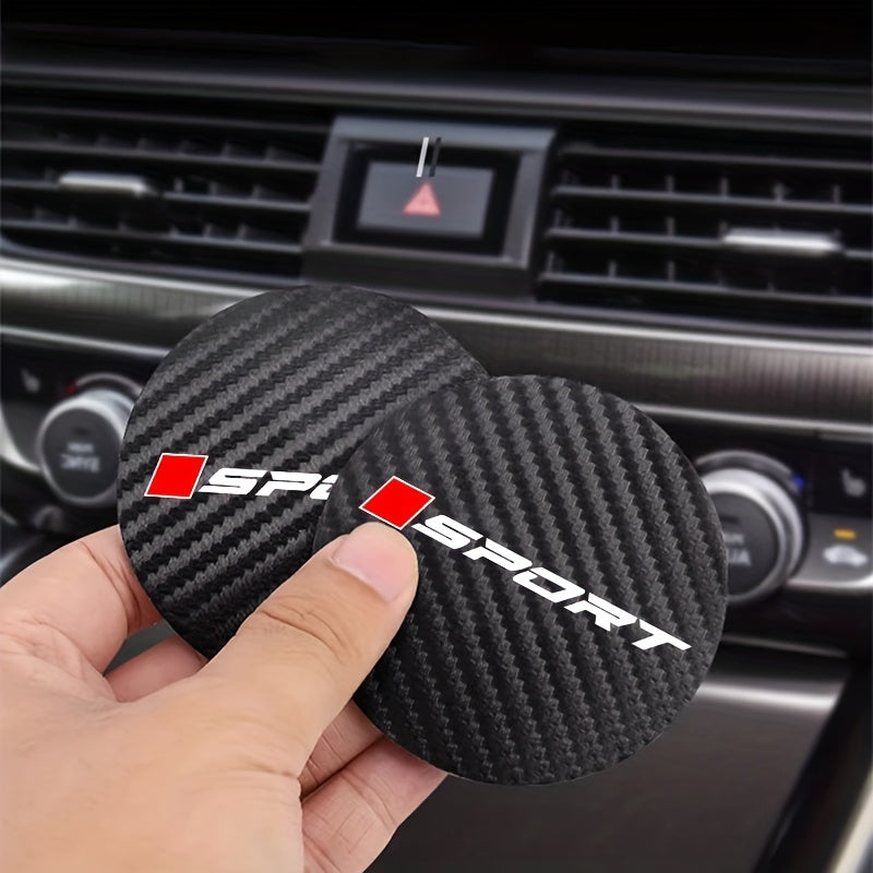 2PCS Non-Slip Carbon Fiber Cup Holder Coasters Sporty Round PU Leather Car Accessories