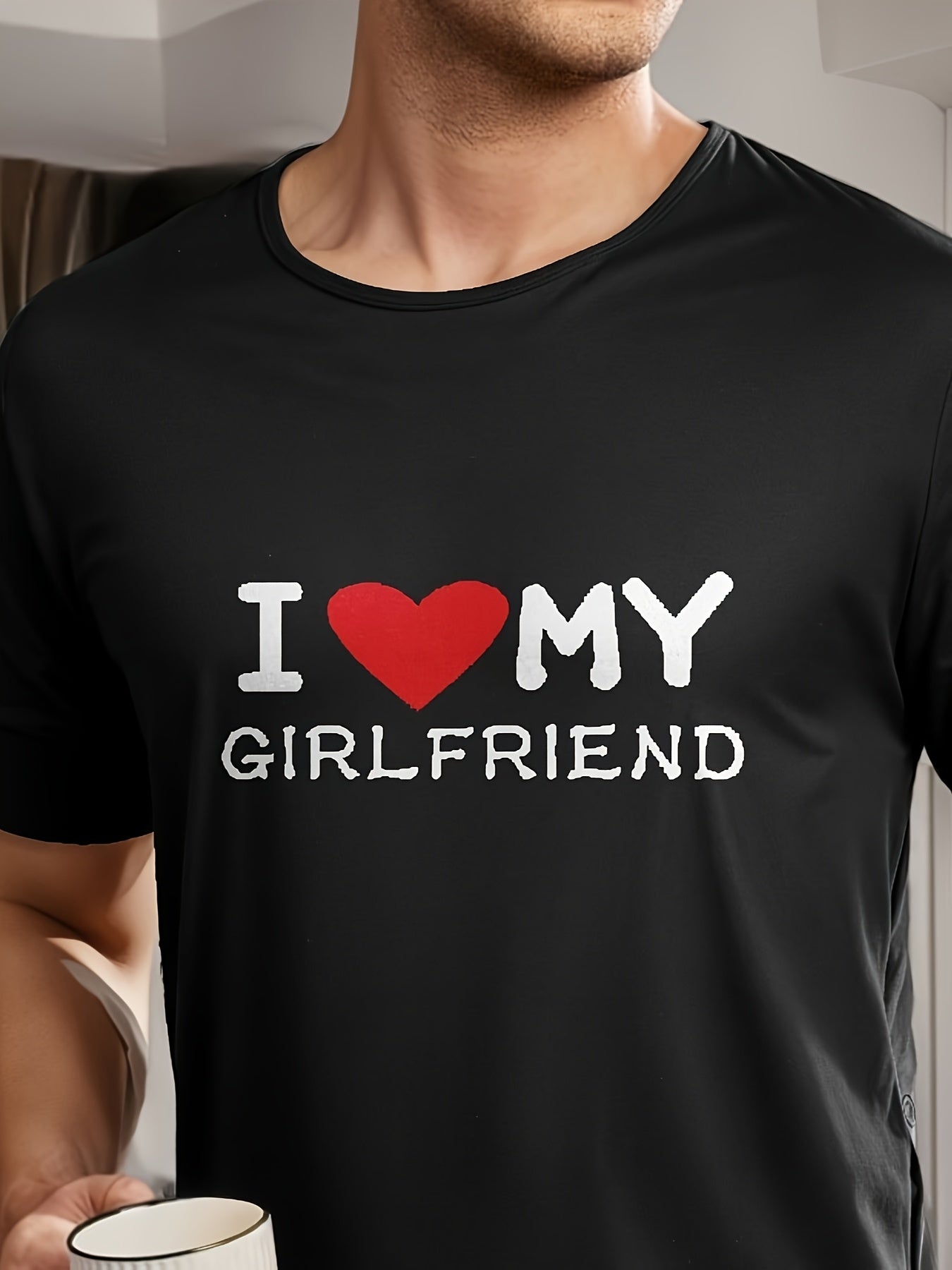 Men's and Women's Couple Pajama Set with "I Love My Girlfriend" T-Shirt and Red Checkered Pants