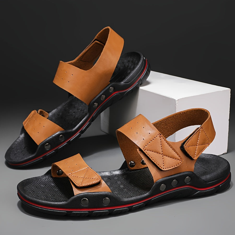 Men's Plus Size Solid Color PU Sandals with Hook-and-Loop Closure Rubber Sole