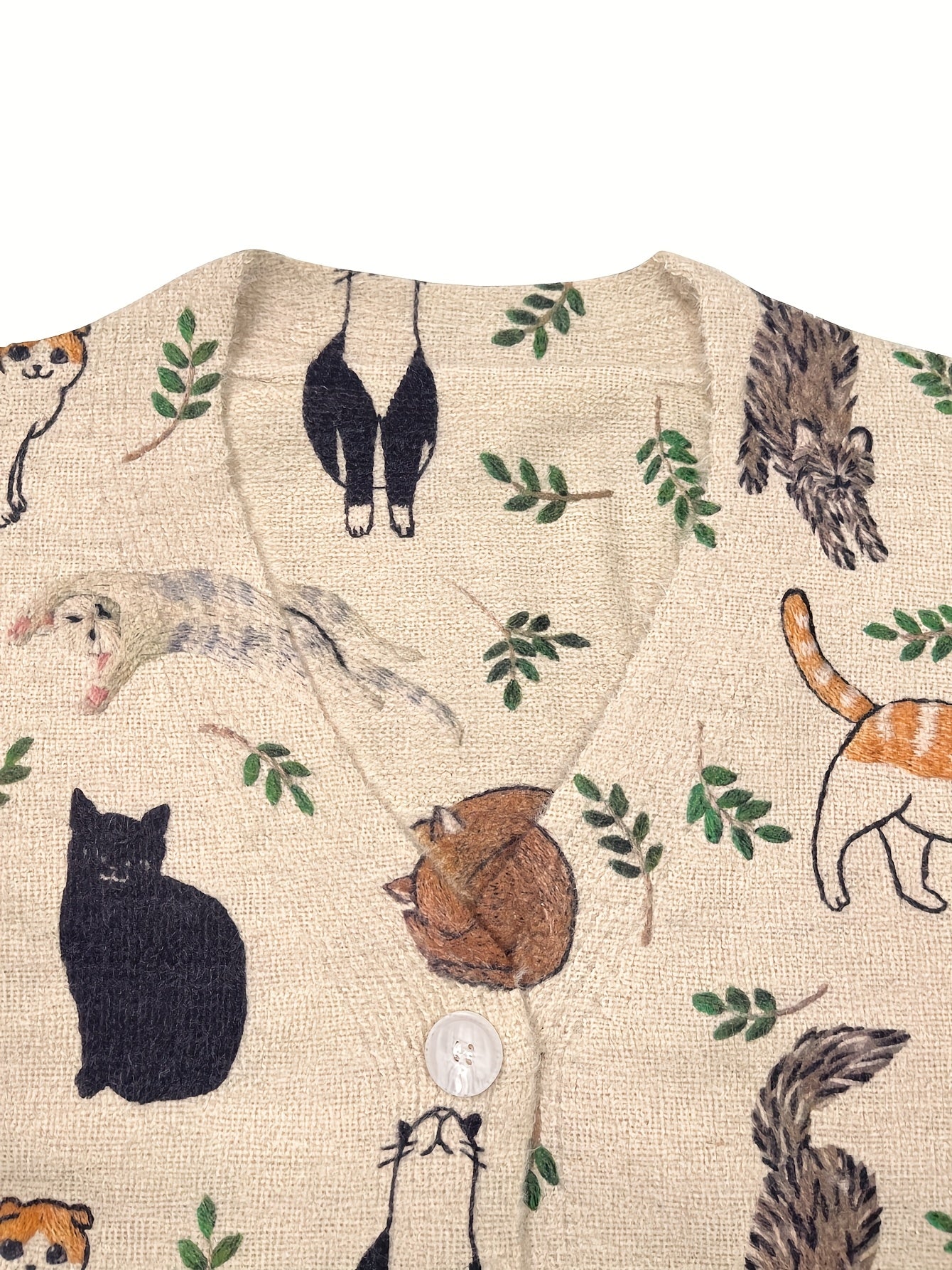 Suéter de punto para mujer talla grande con cuello en V, manga larga y estampado de gato