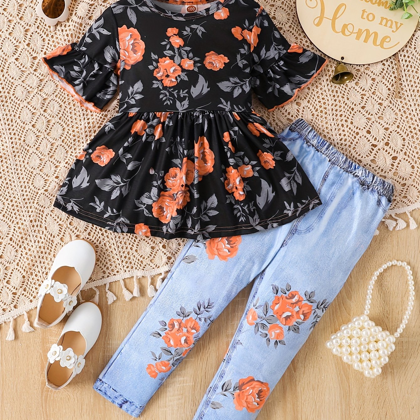 Девочки топ с пеплумом с цветочным принтом и леггинсы с расклешенными рукавами для лета