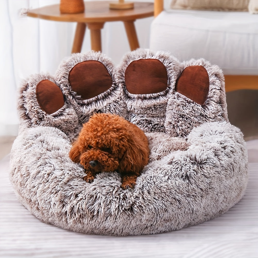 Pet Paw-Shaped Round Dog and Cat Bed Gray Faux Fur Non-Slip Small Medium