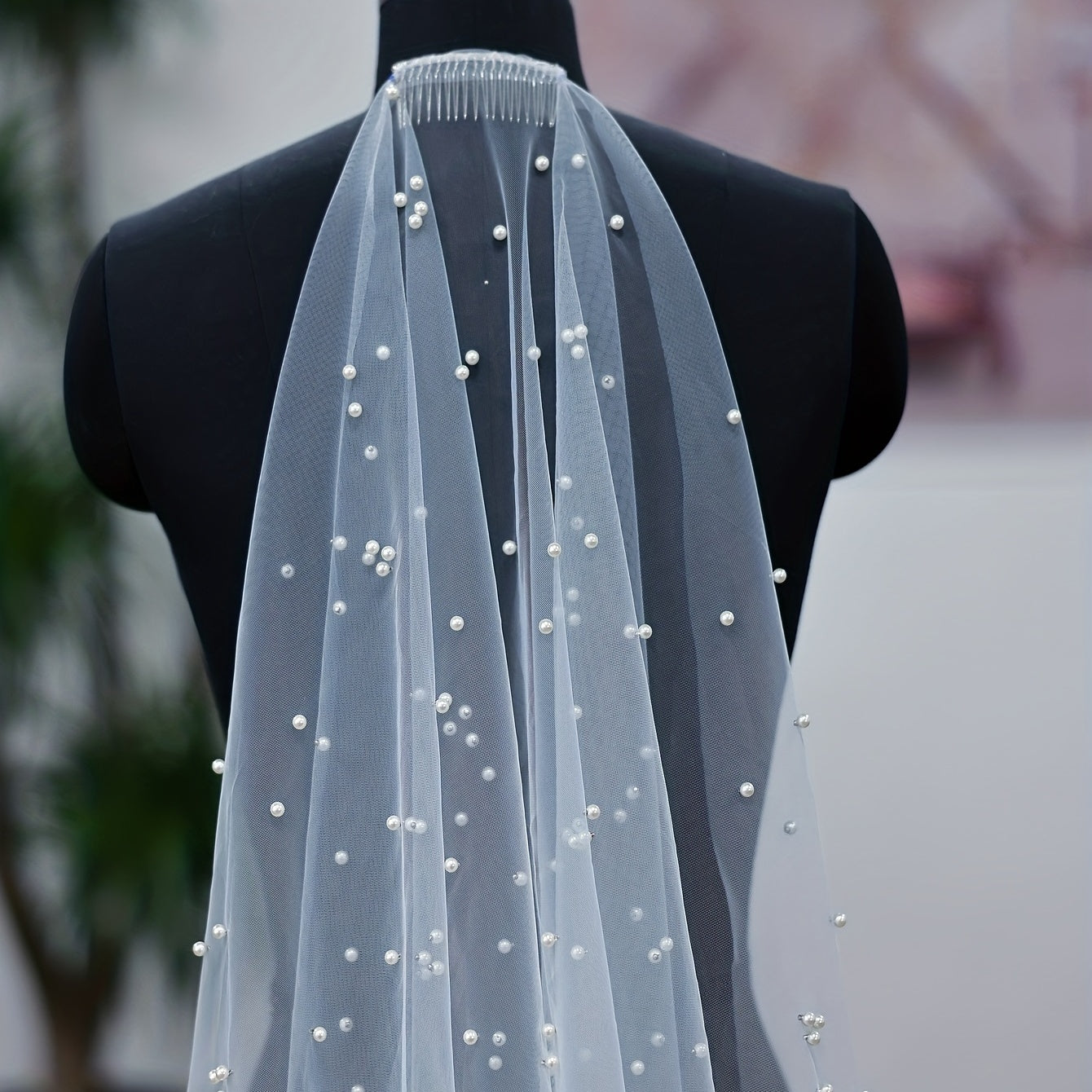 White Baroque Wedding Veil with Faux Pearls Mesh Headdress and Hair Comb