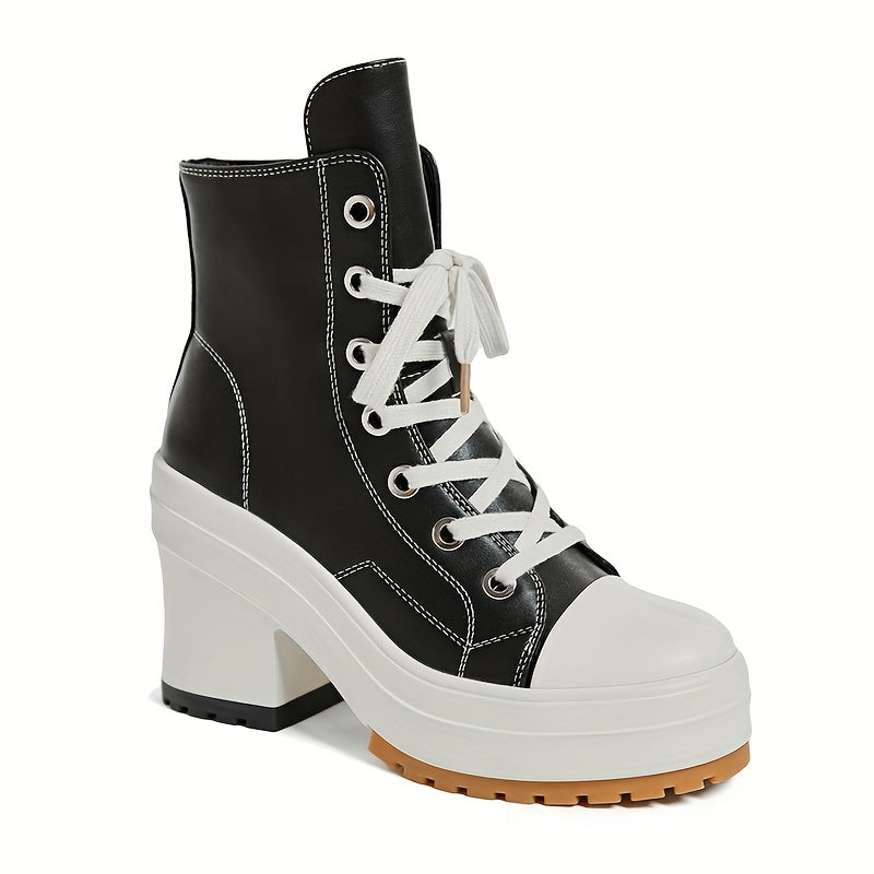 Women's Chunky Platform Ankle Boots Faux Leather Lace-Up Sneakers
