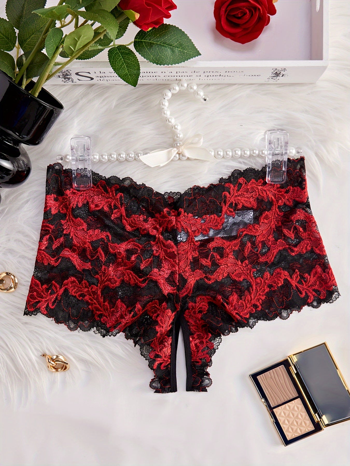 Panties de triángulo semi transparent con encaje para mujer talla grande rojo negro floral