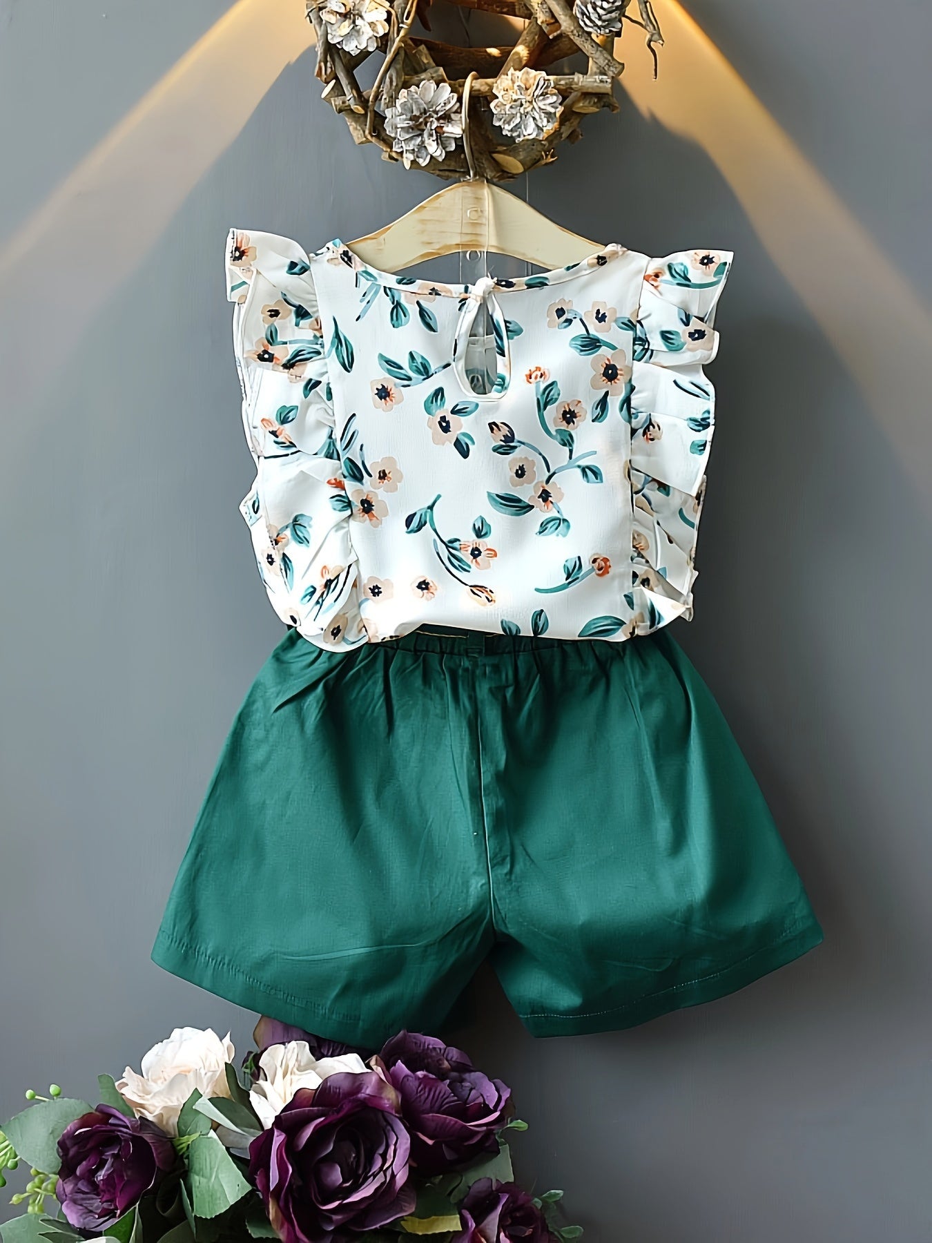 Girls Summer Floral Chiffon Top and Shorts Set with Belt