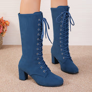 Women's Solid Color Lace-Up Mid-Calf Winter Boots with Chunky Heels