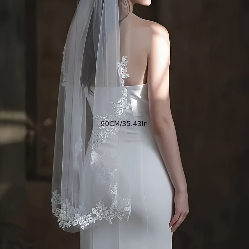 Velo de novia con bordado de encaje, poliéster y spandex, diseño floral romántico