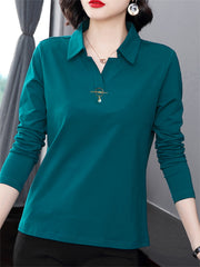 Women's Solid Color Long Sleeve Collared T-Shirt for Spring and Fall