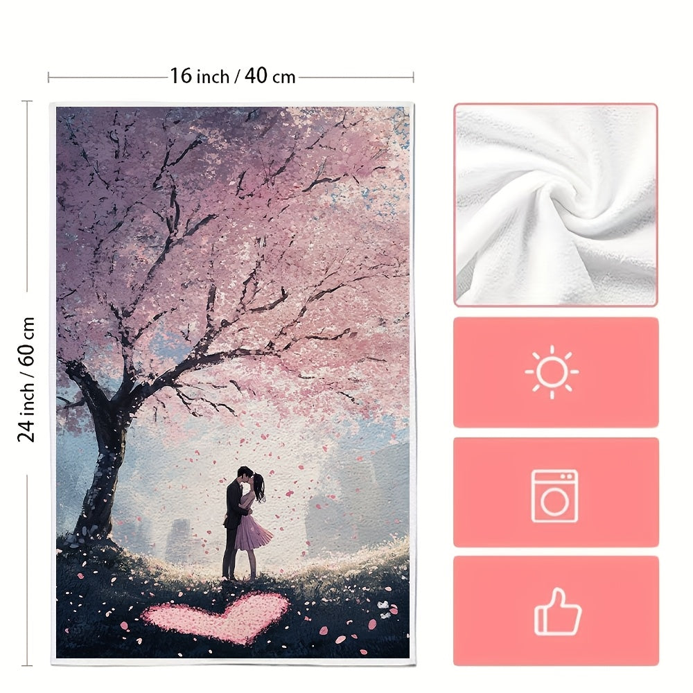 Kitchen Towels Set of 2 Ultra Soft Romantic Cherry Blossom Scene 16x24