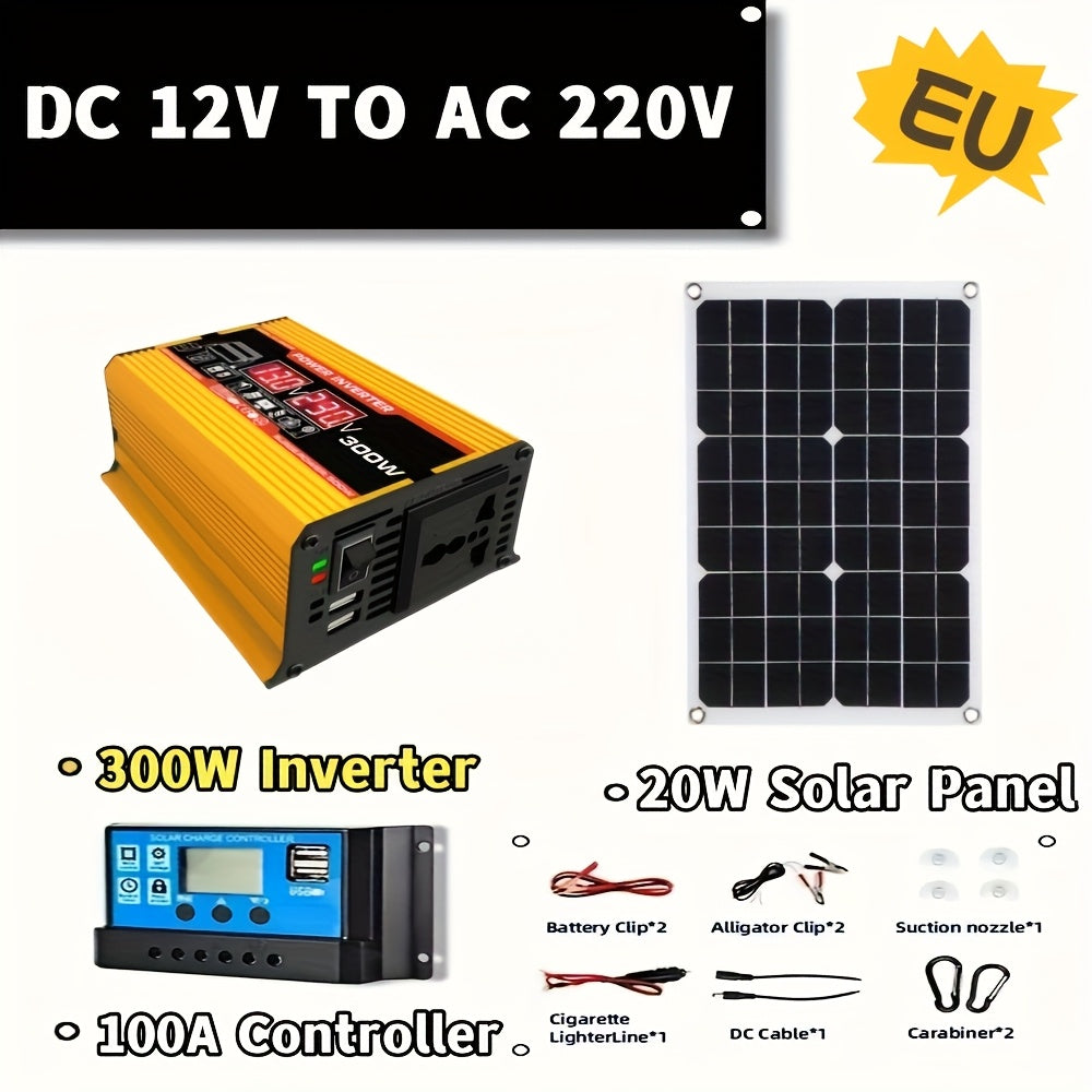 300W Monocrystalline Solar Panel Kit with Car Inverter and 12V to 220V Smart Charging