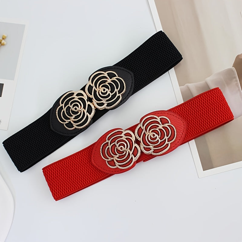 Women's Metal Leaf Buckle Wide Vintage Stretch Waist Belt for Dresses