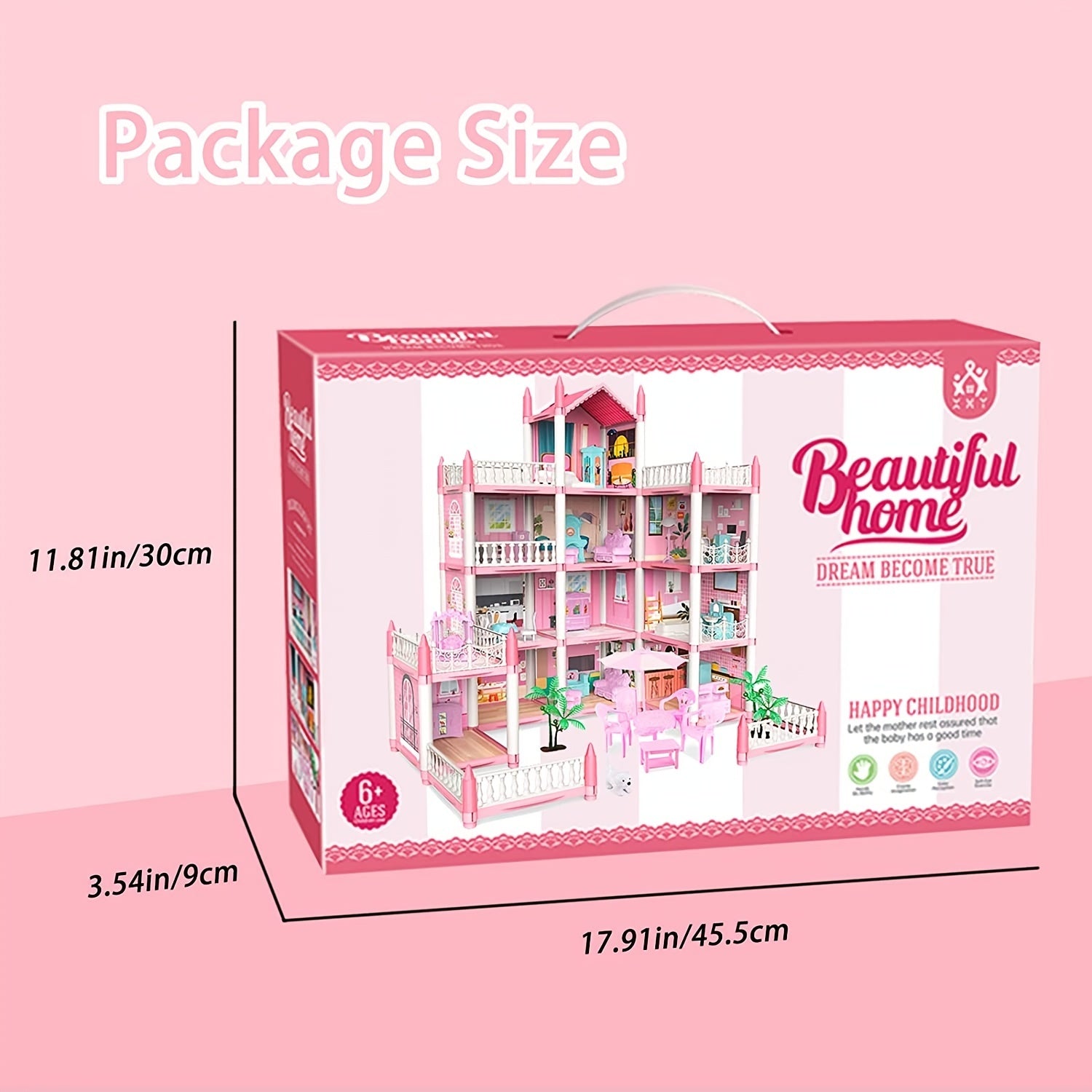 Pink Dollhouse Set for Girls Aged 5-9 with 11 Rooms and Furniture Accessories