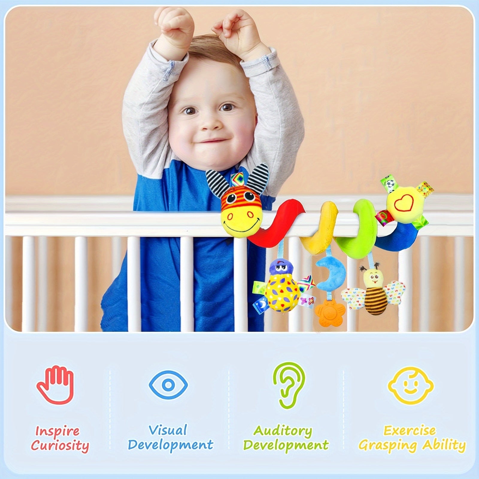 Rang-barang hayvonlar bosma bolalar mobilchasi, polyesterdan yasalgan eshak va hasharot o'yinchoqlari bilan, yuviladigan, beşikka o'rnatiladi, 0-3 yoshdagi chaqaloqlar uchun