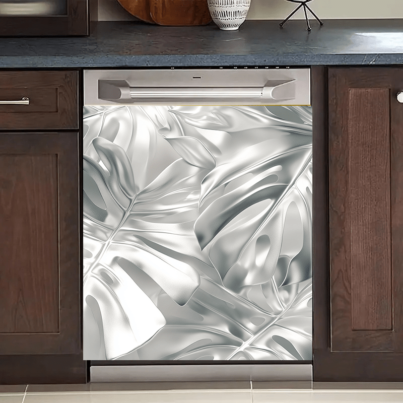 Metallic Silver Leaf Dishwasher Cover Magnet Waterproof Oilproof Kitchen Decor 58.5x65 cm