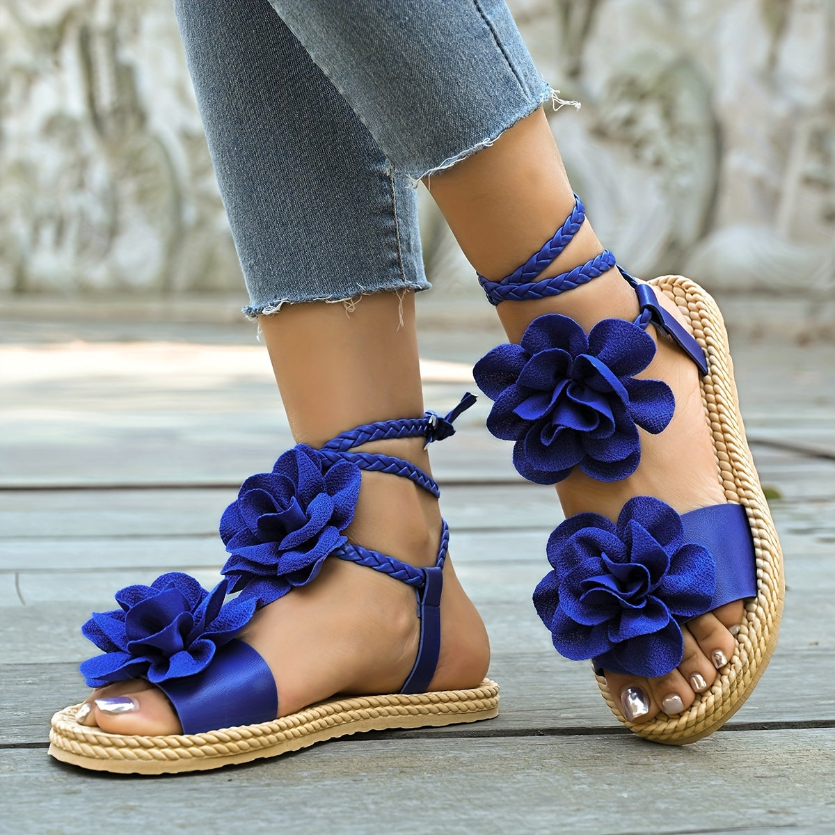 Women's Double Floral Ankle Strap Sandals Lightweight Flat Summer Beach Shoes