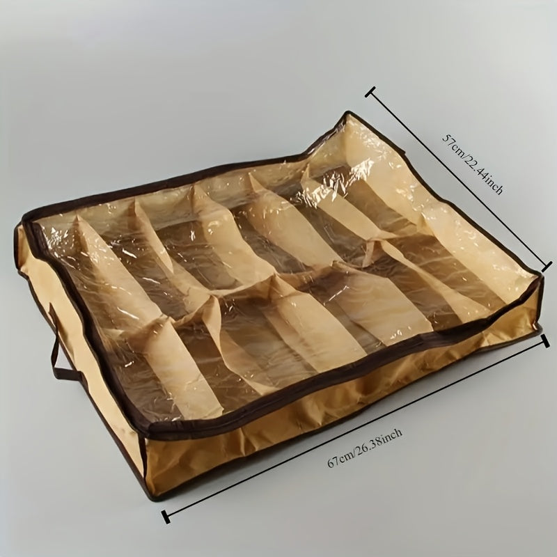 12-Grid Transparent Shoe Storage Bag Made of Washable Polyester Dustproof Moisture-Proof Under Bed Organizer