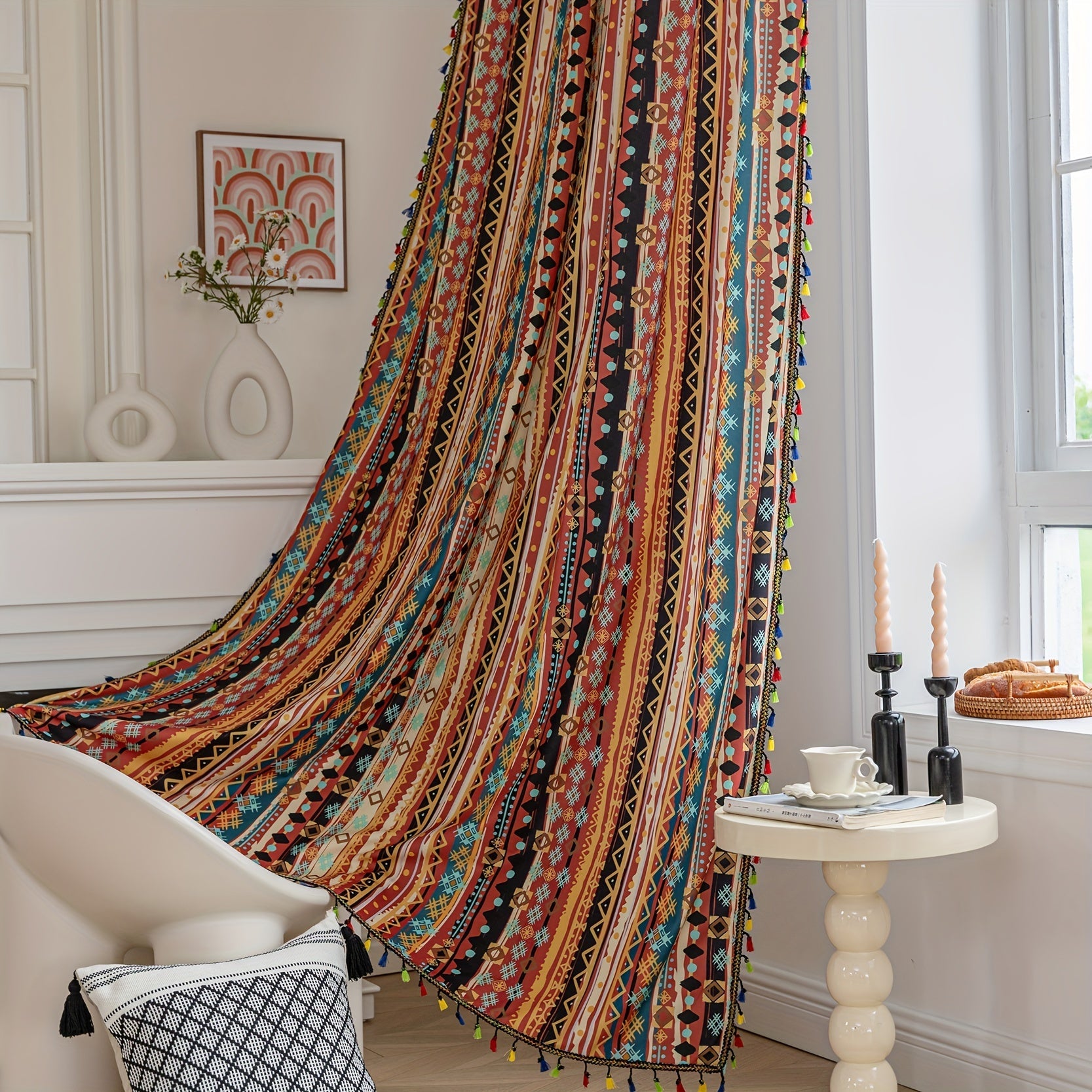 Set of 2 Boho Farmhouse Curtains with Multicolor Stripes and Tassels for Privacy and Sunshade