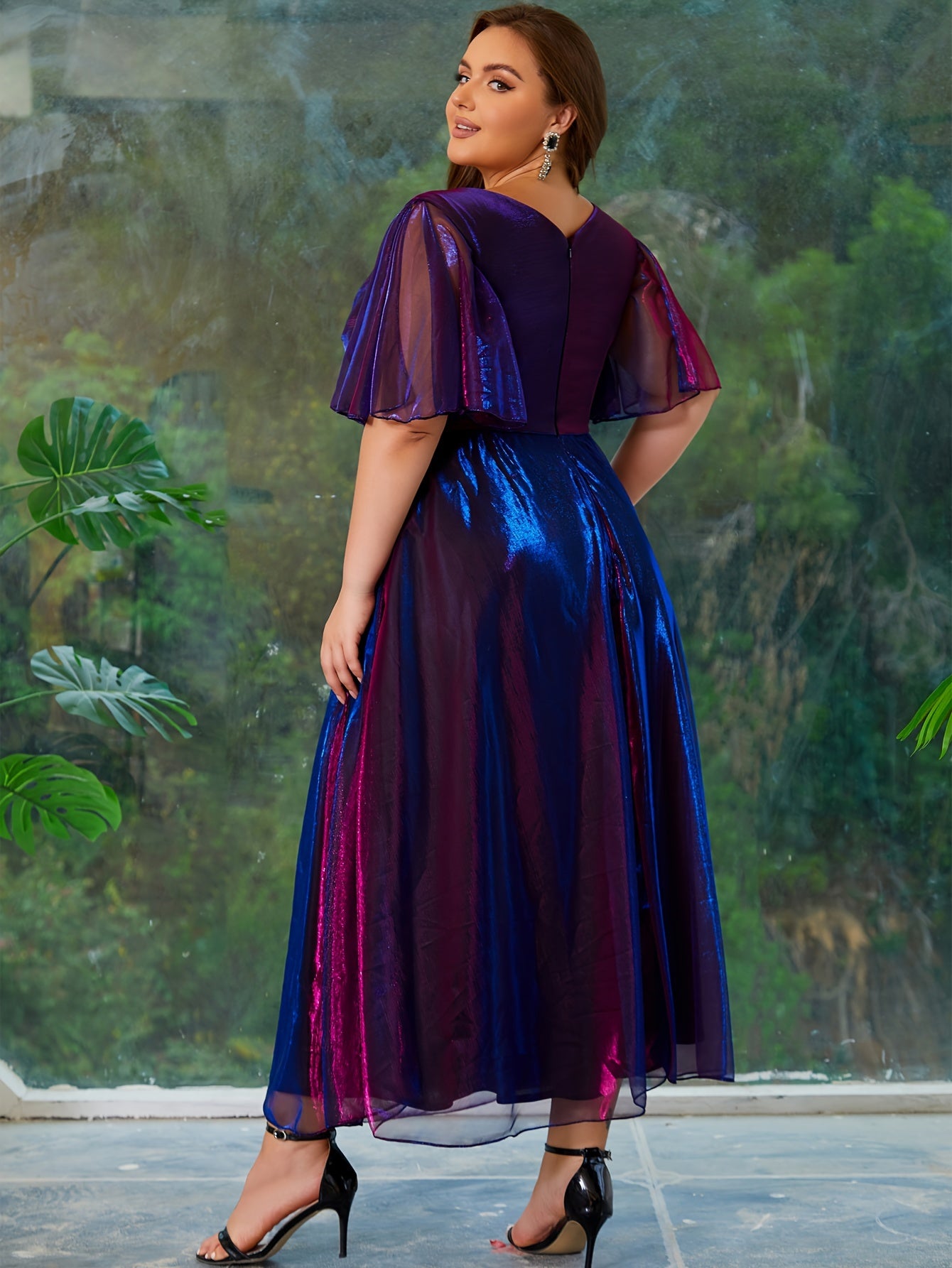 Plus Size V-Neck Midi Dress with Ruffle Sleeves and Side Slit Purple Gold