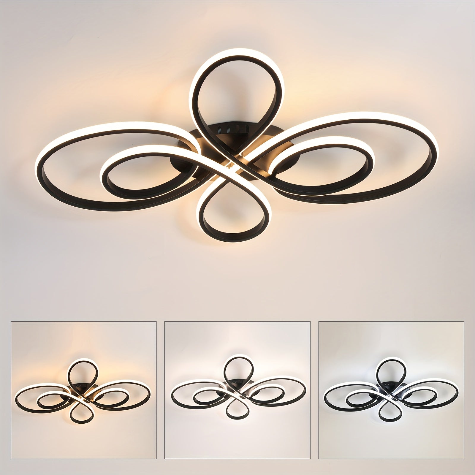 Modern Black Flower-Shaped LED Ceiling Light with Adjustable Color Temperature for Living Room Bedroom and Hallway