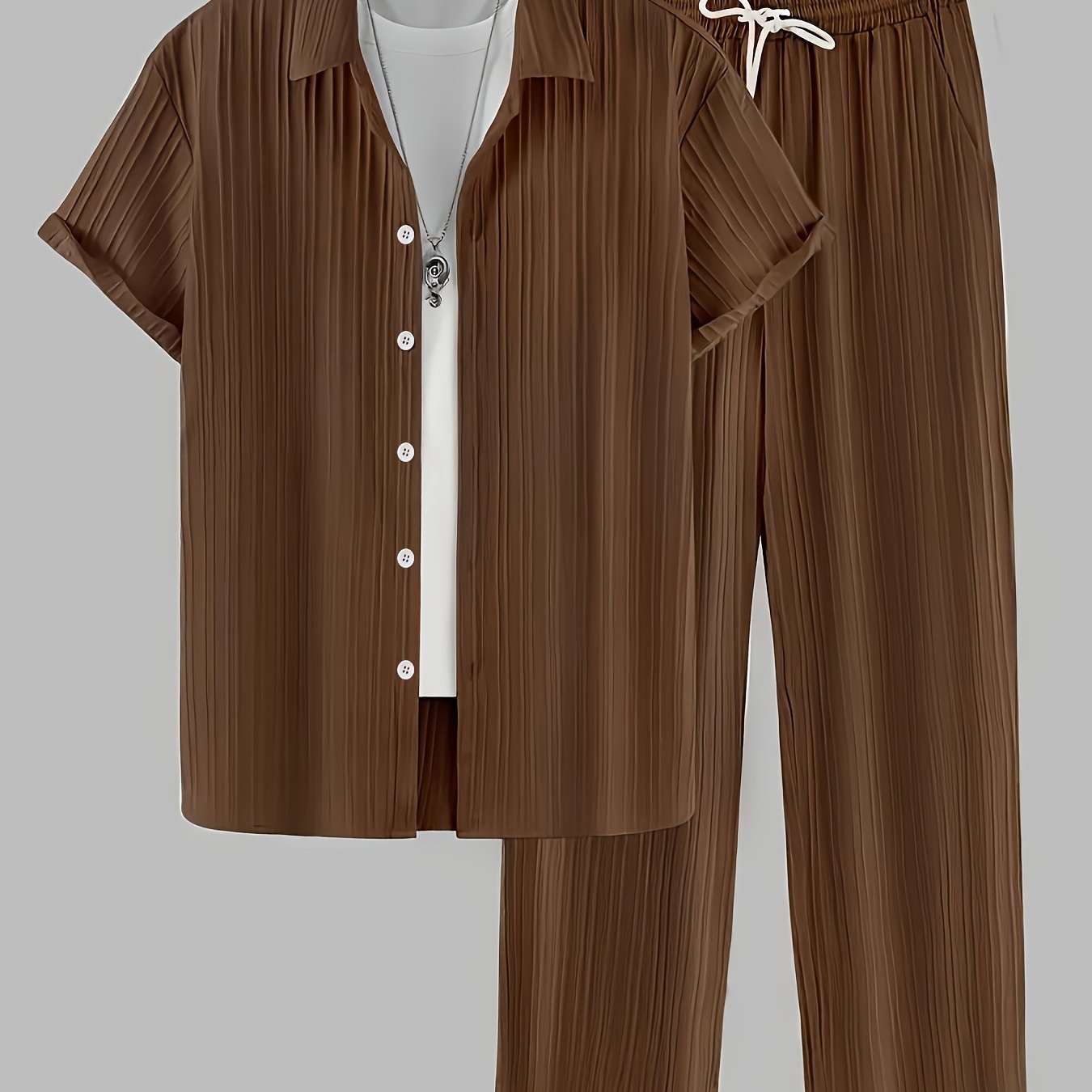 Men's Casual Set Polyester Striped Shirt with Buttons and Drawstring Pants
