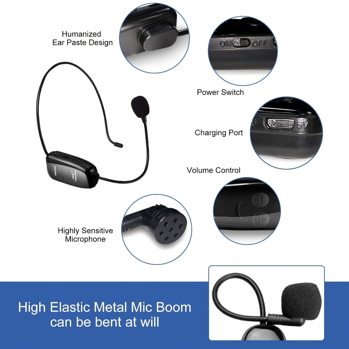 Wireless Microphone Headset with UHF Receiver for Public Speaking and Teaching USB Type-C Charging