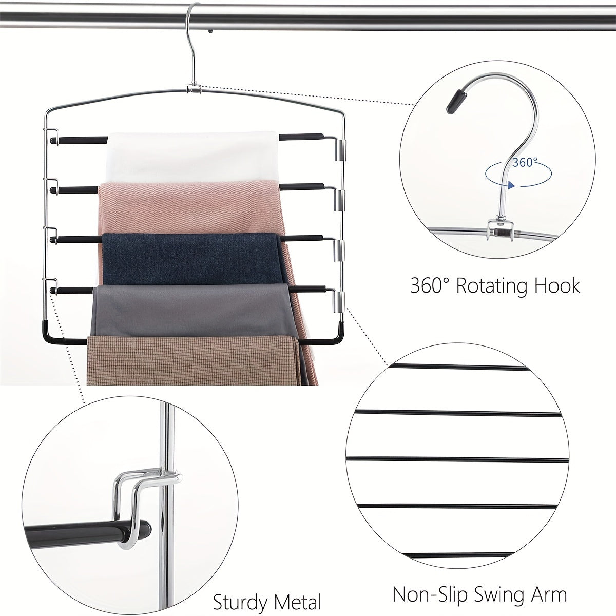 5-Tier Metal Pants Hanger with Non-Slip Features for Ties, Pants, Scarves Space-Saving Closet Organizer