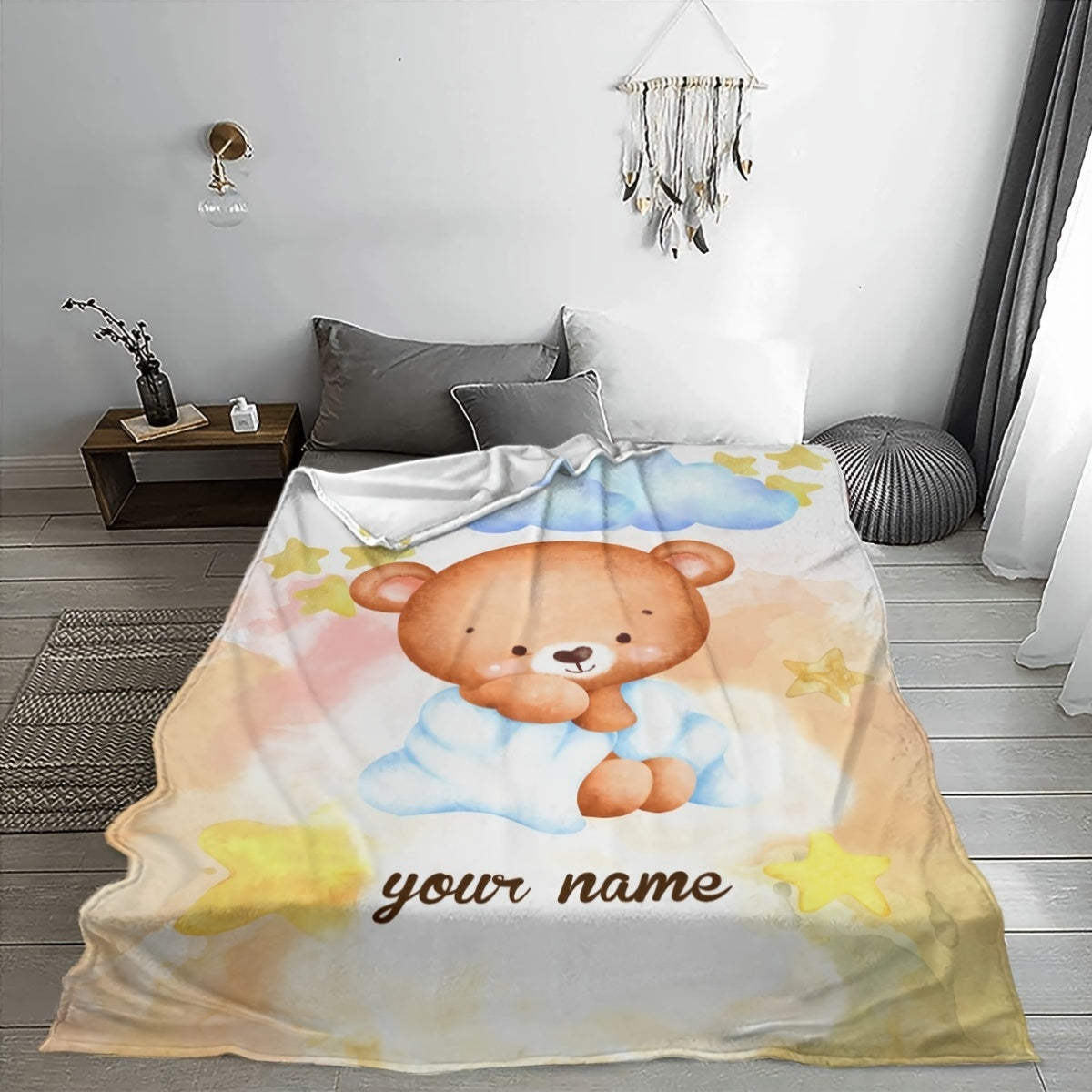 Personalized Cartoon Bear Print Flannel Throw Blanket for Home Decor and Gifts