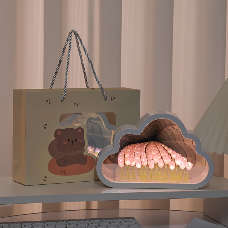 Tulip Cloud LED Night Light with Mirror Sea Effect for Bedroom Decor