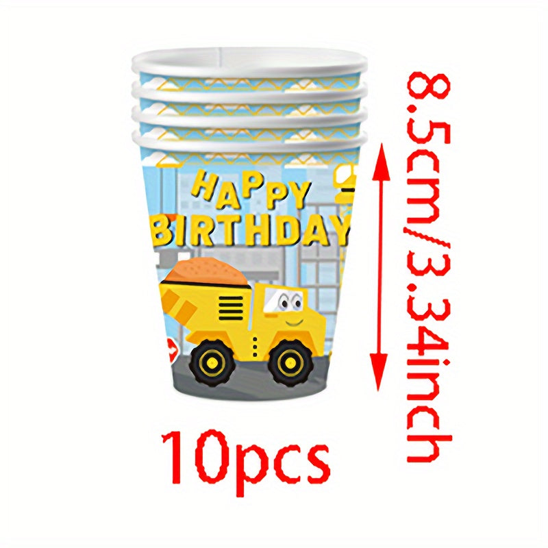 Набор для празднования дня рождения строительной самосвальной машины включает одноразовые тарелки, стаканы, салфетки для детского праздника