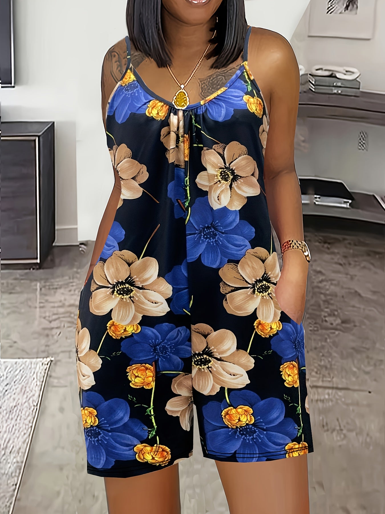 Plus Size Women's Floral Print Jumpsuit Black Blue Spaghetti Pockets Casual