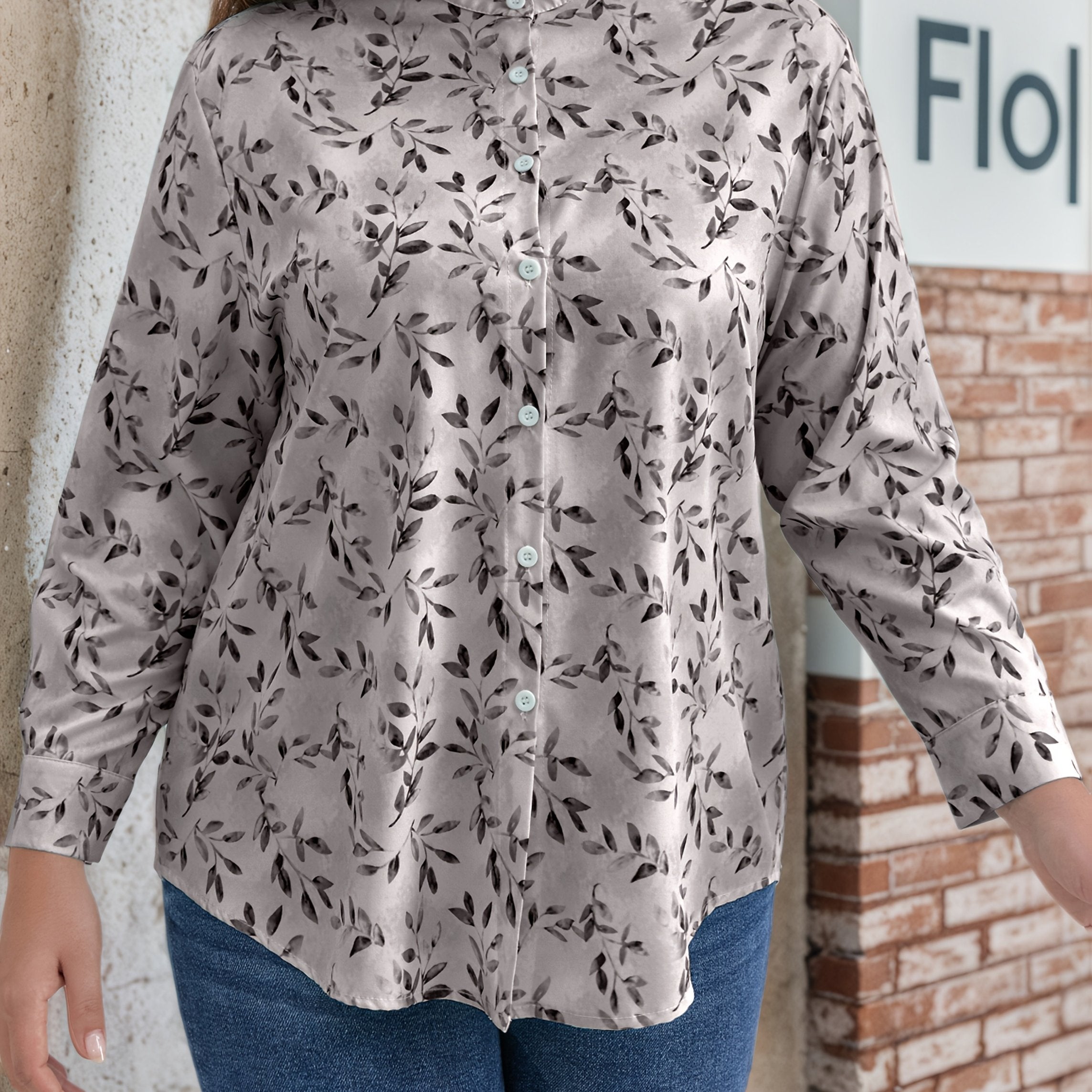 Plus o'lchamli ayollar bluzasi uzun qo'lqopli yengli polyester to'qima binafsha yashil barg bosma