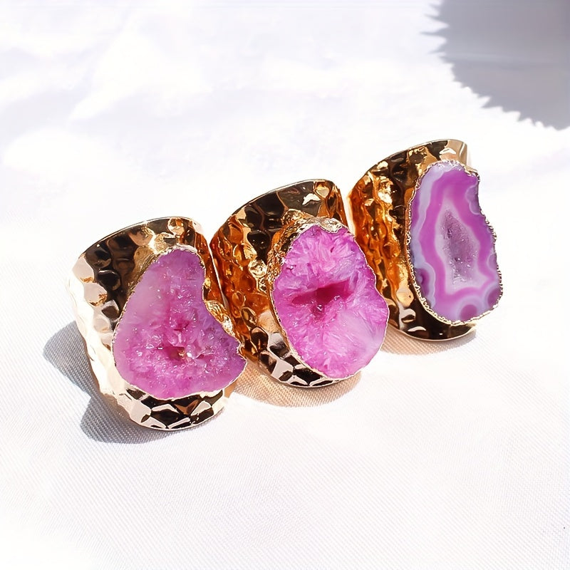 Women's Natural Onyx Geode Adjustable Ring with Copper Frame and Agate Crystal