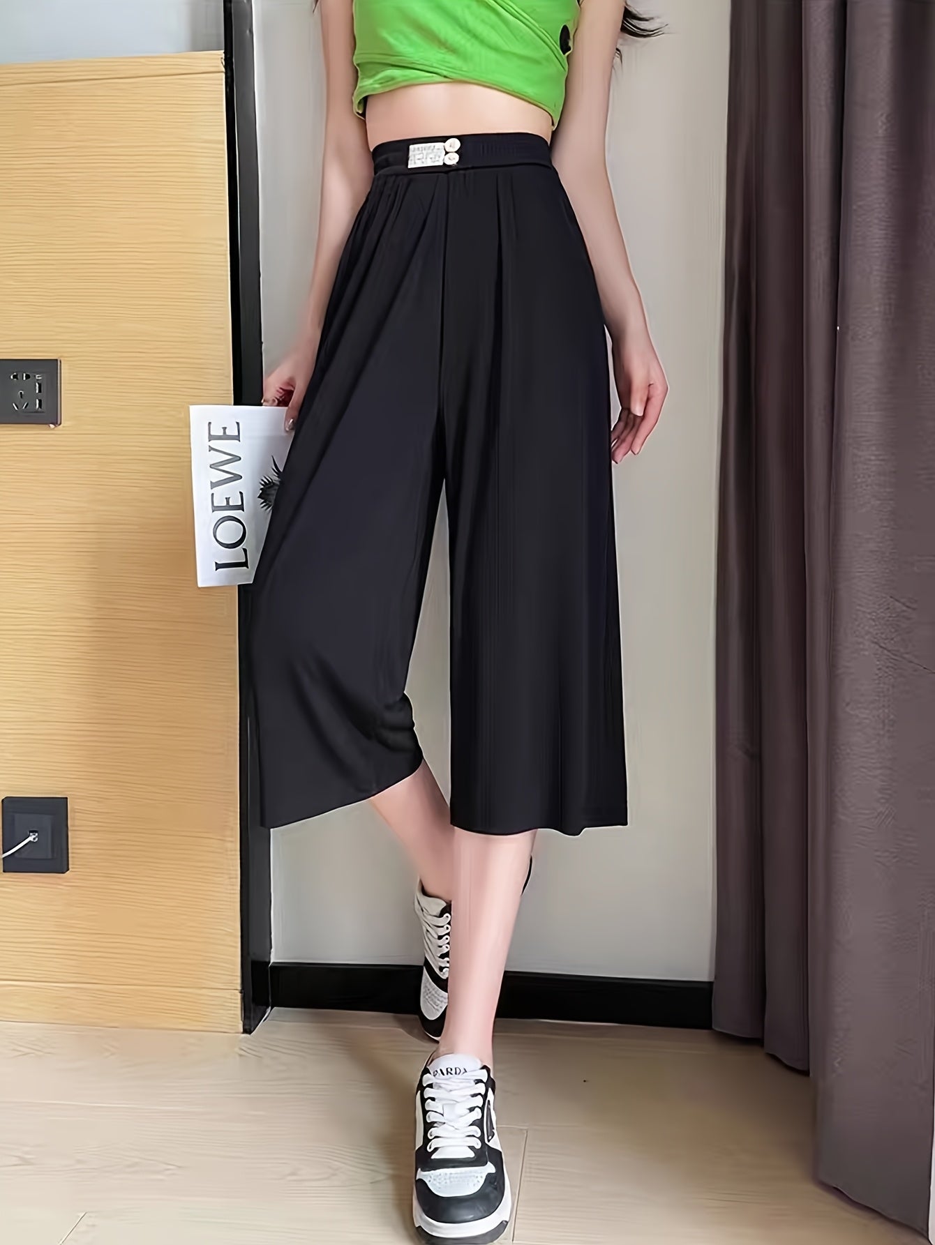 Women's Stretchy Wide-Leg Capri Pants Lightweight Ice Silky Fabric Black