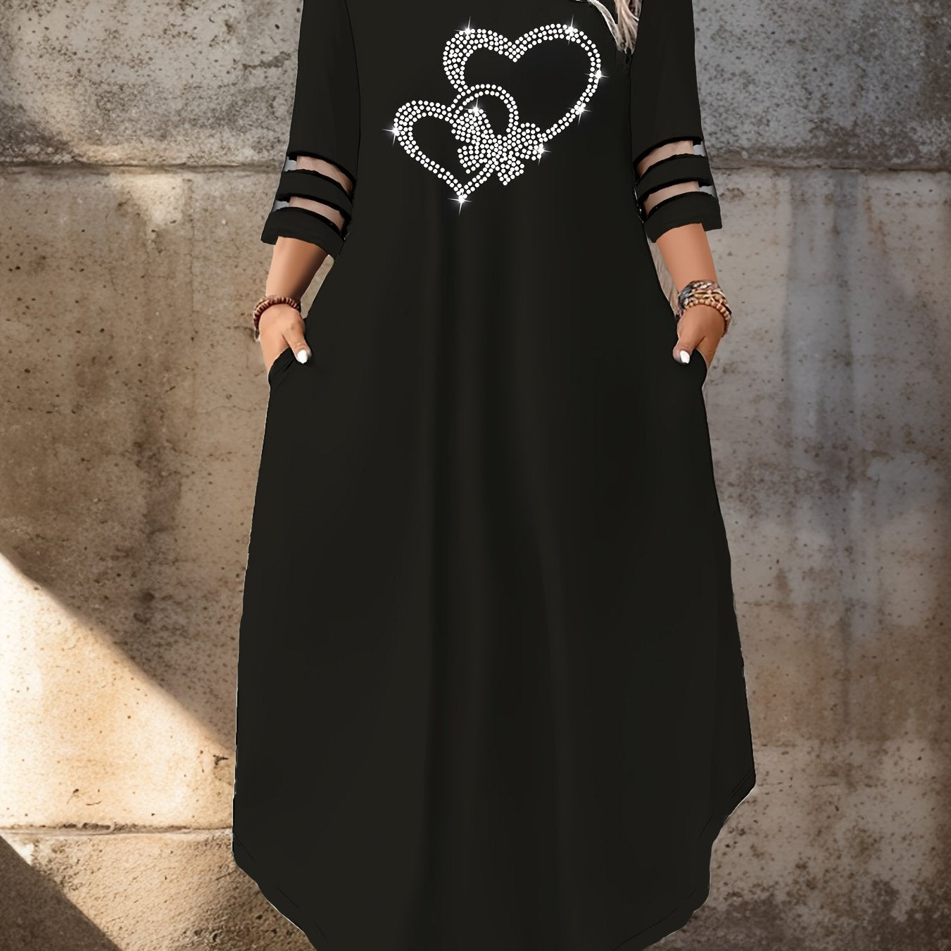Plus Size Dress with Heart Pattern Mesh Panels Fitted Polyester All Seasons