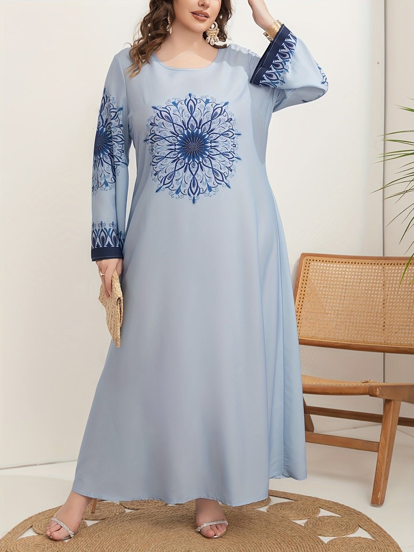 Women's Blue Floral Print Loose Fit Long Sleeve Dress All-Season Casual